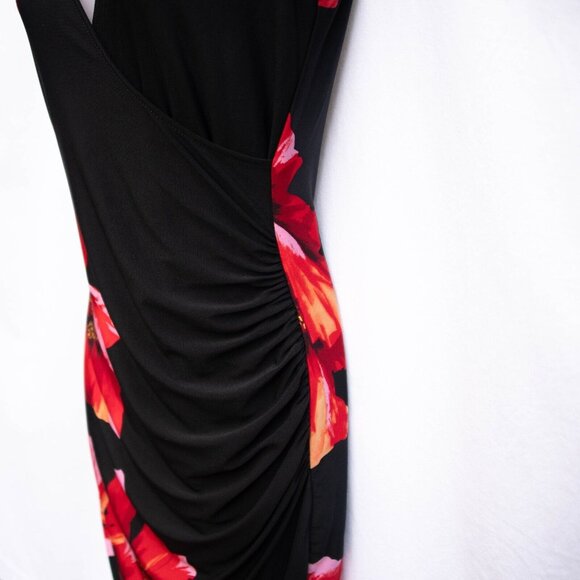 Vtg Cache Dress XS Stretch Black Draped Faux Wrap w Large Poppies Floral Print - Picture 3 of 7